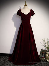 Burgundy Velvet Square Puff Sleeve Pleats Prom Dress